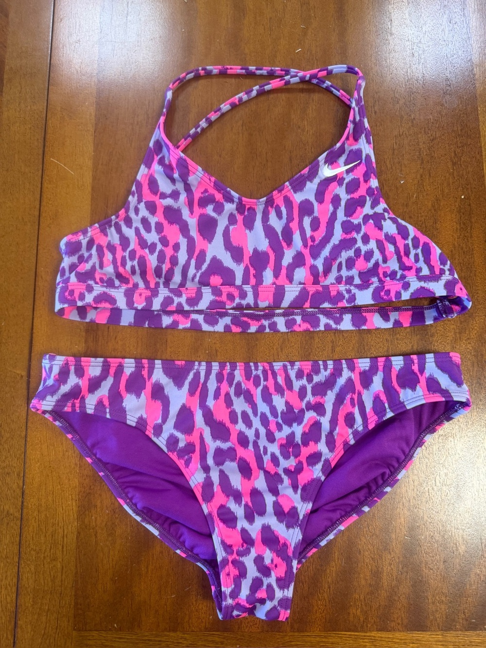 Nike Girls XL Two Piece Bikini Swimsuit Purple Pink Leopard Print Strappy Back